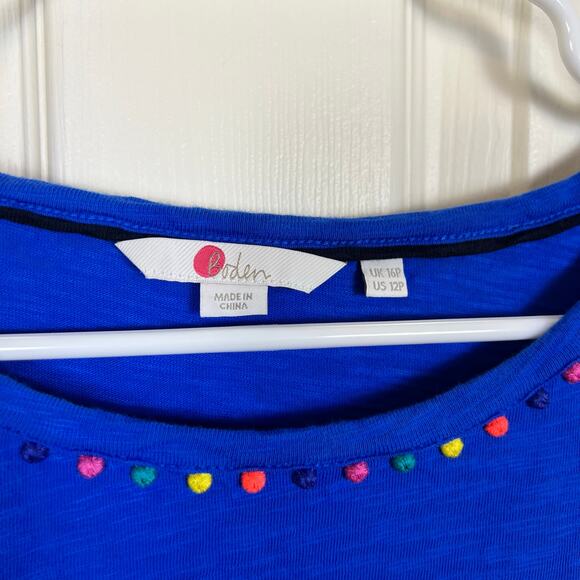 Boden Charlie Blue Multi Color Pom Pom Dress 12 Petite T-Shirt Colorful VGUC - Picture 4 of 7
